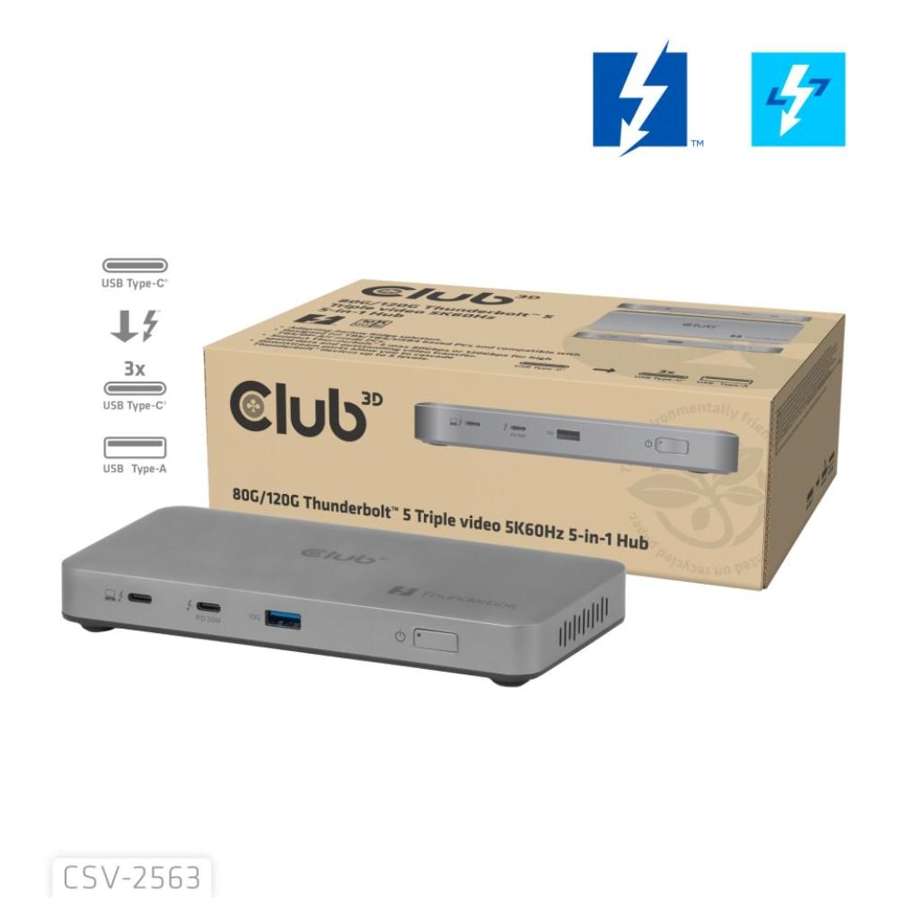 Club3D hub Thunderbolt 5 5v1,  3x USB-C TB5,  1x USB-A,  1x8K60Hz,  3x 5K60Hz,  certifikace Thunderbolt Share,  180W1 