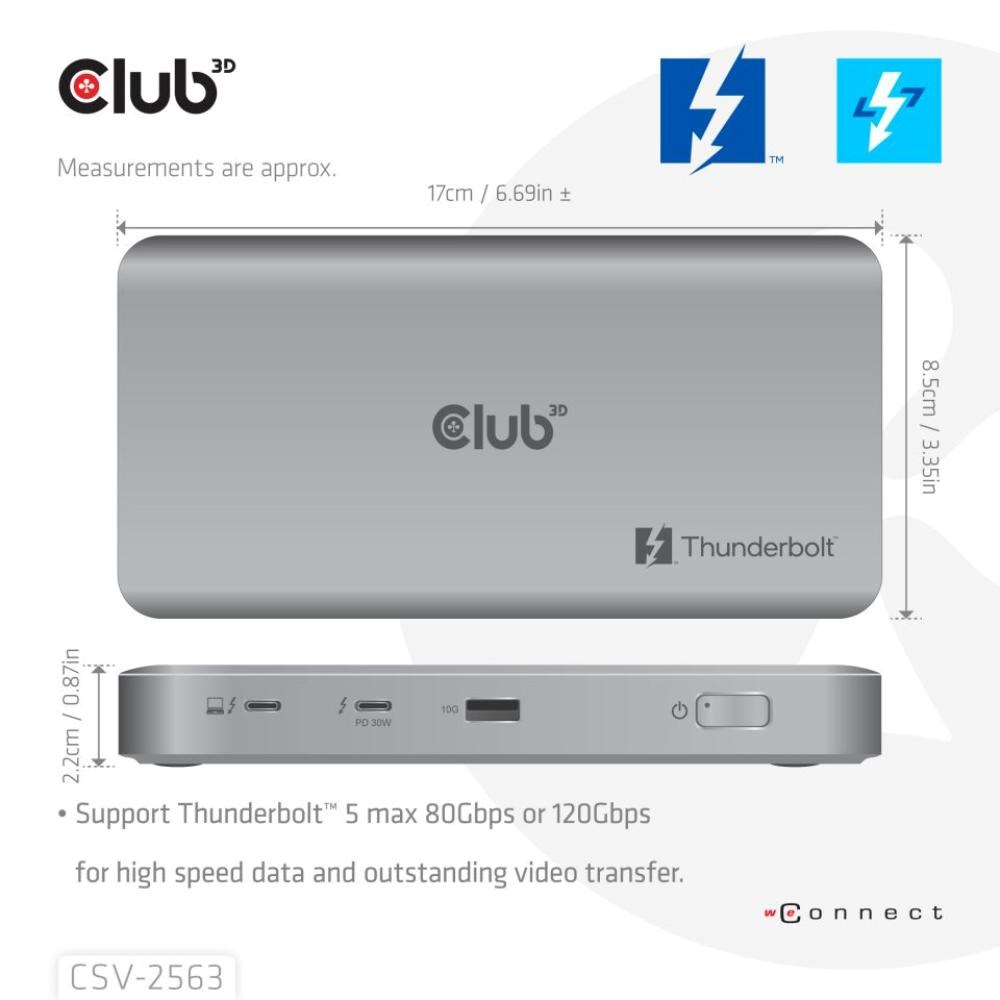 Club3D hub Thunderbolt 5 5v1,  3x USB-C TB5,  1x USB-A,  1x8K60Hz,  3x 5K60Hz,  certifikace Thunderbolt Share,  180W3 