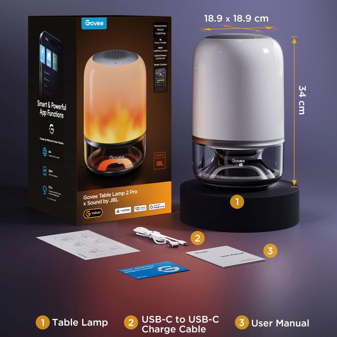 Govee Table Lamp 2 RGBW Akumulátorová lampa s reproduktorem - zvuk od JBL8 