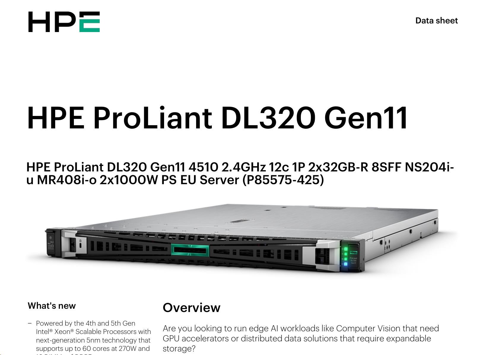 HPE DL320 G11 4510, 64 GB, 2 x 480 GB NVME, MR408i-o