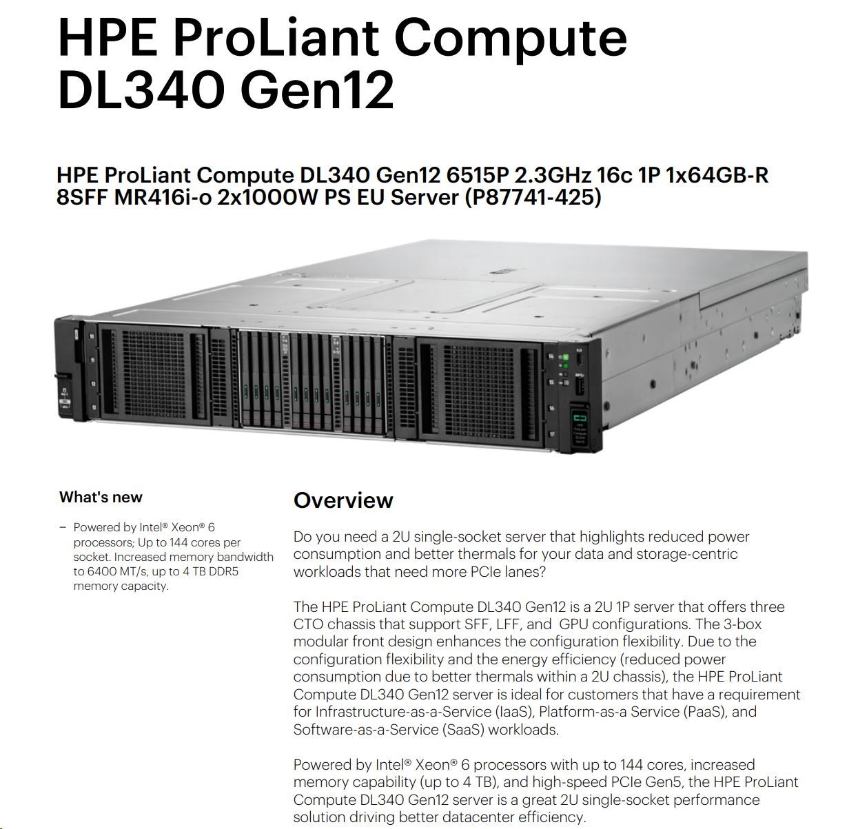 HPE PL DL340g12 6515P (2.4/ 16C) 1x64G (P69728) NS204(2x480) MR416i-o 8SFF 2x1000W 2p10G-T PerfFans NBD333 Smart Choice5 