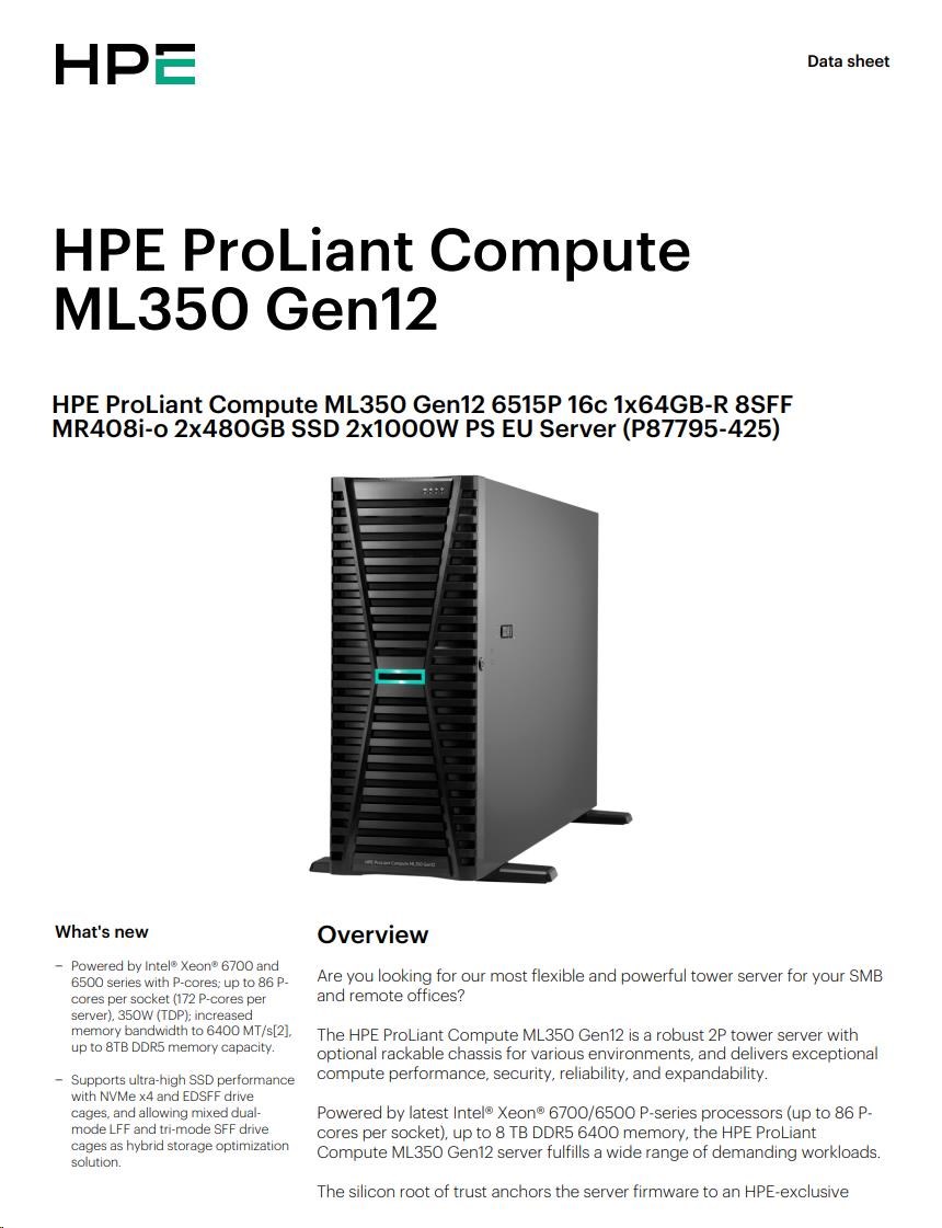 HPE PL ML350g12 6515P (2.4/ 16C) 1x64G (P69728) 2x480G MR408i-o 8SFF 2x1000W 4p1G NBD333 Smart Choice2 