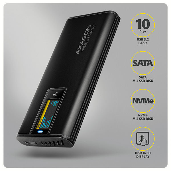 AXAGON EEM2-SD2B,  USB-C 10Gbps externí box s displejem pro M.2 NVMe/ SATA SSD,  bezšroubkový,  černý1 