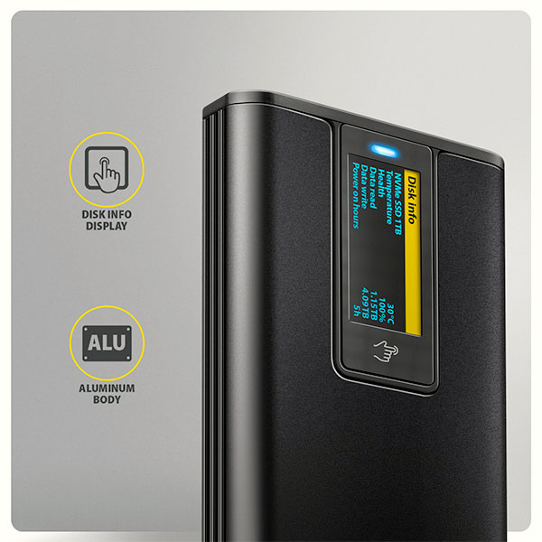 AXAGON EEM2-SD2B,  USB-C 10Gbps externí box s displejem pro M.2 NVMe/ SATA SSD,  bezšroubkový,  černý2 
