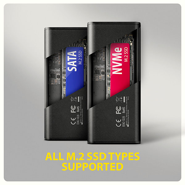 AXAGON EEM2-SD2B,  USB-C 10Gbps externí box s displejem pro M.2 NVMe/ SATA SSD,  bezšroubkový,  černý4 