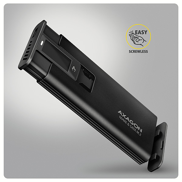 AXAGON EEM2-SD2B,  USB-C 10Gbps externí box s displejem pro M.2 NVMe/ SATA SSD,  bezšroubkový,  černý5 
