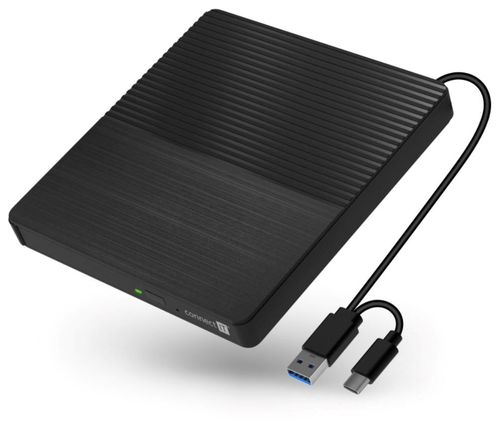 CONNECT IT Externí mechanika CD/ DVD 3v1 SlimDrive,  čtečka MicroSD/ SD,  2xUSB,  USB-A/ USB-C,  černá0 