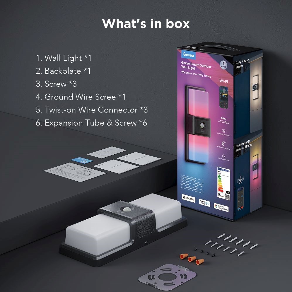BAZAR - Govee RGBICWW Smart venkovní nástěnné světlo 1500lm Matter - Poškozený obal (Komplet)8 