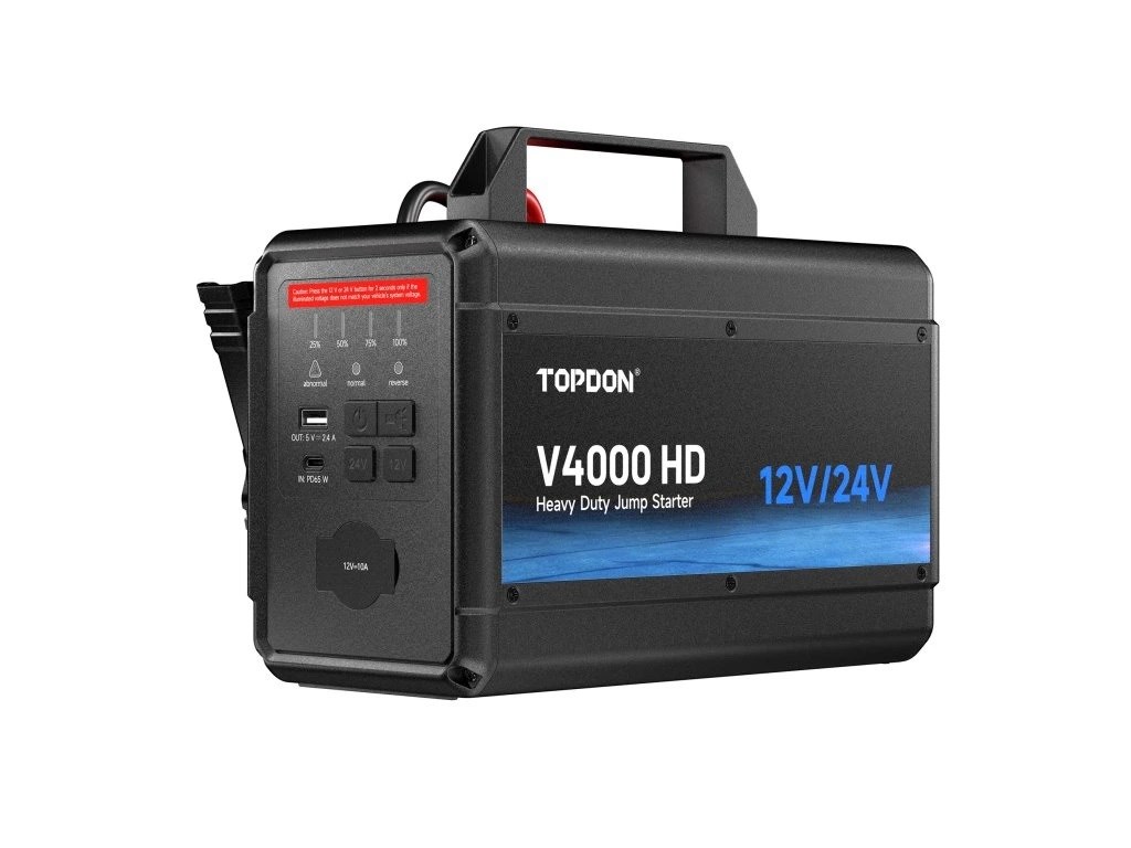 TOPDON Car Jump Starter V4000 HD/ 3000A (24V)/ 4000A (12V)/ 24000mAh/ 16l benzín/ 16l diesel/ LED svetlo |