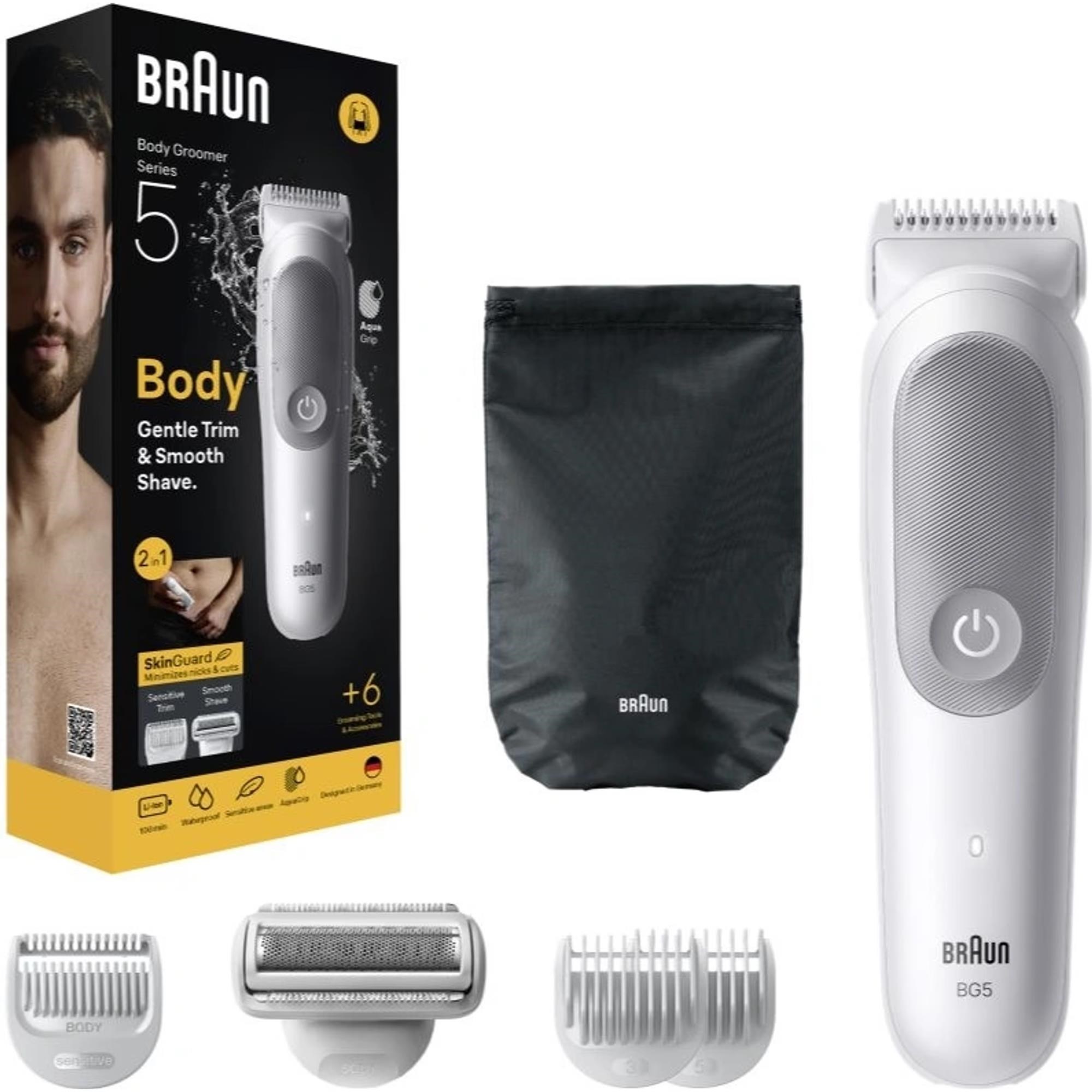 Braun BG5550 tělový zastřihovač,  SkinGuard pro citlivou pokožku,  100 min provozu,  100% vodotěsný,  nástavce1 