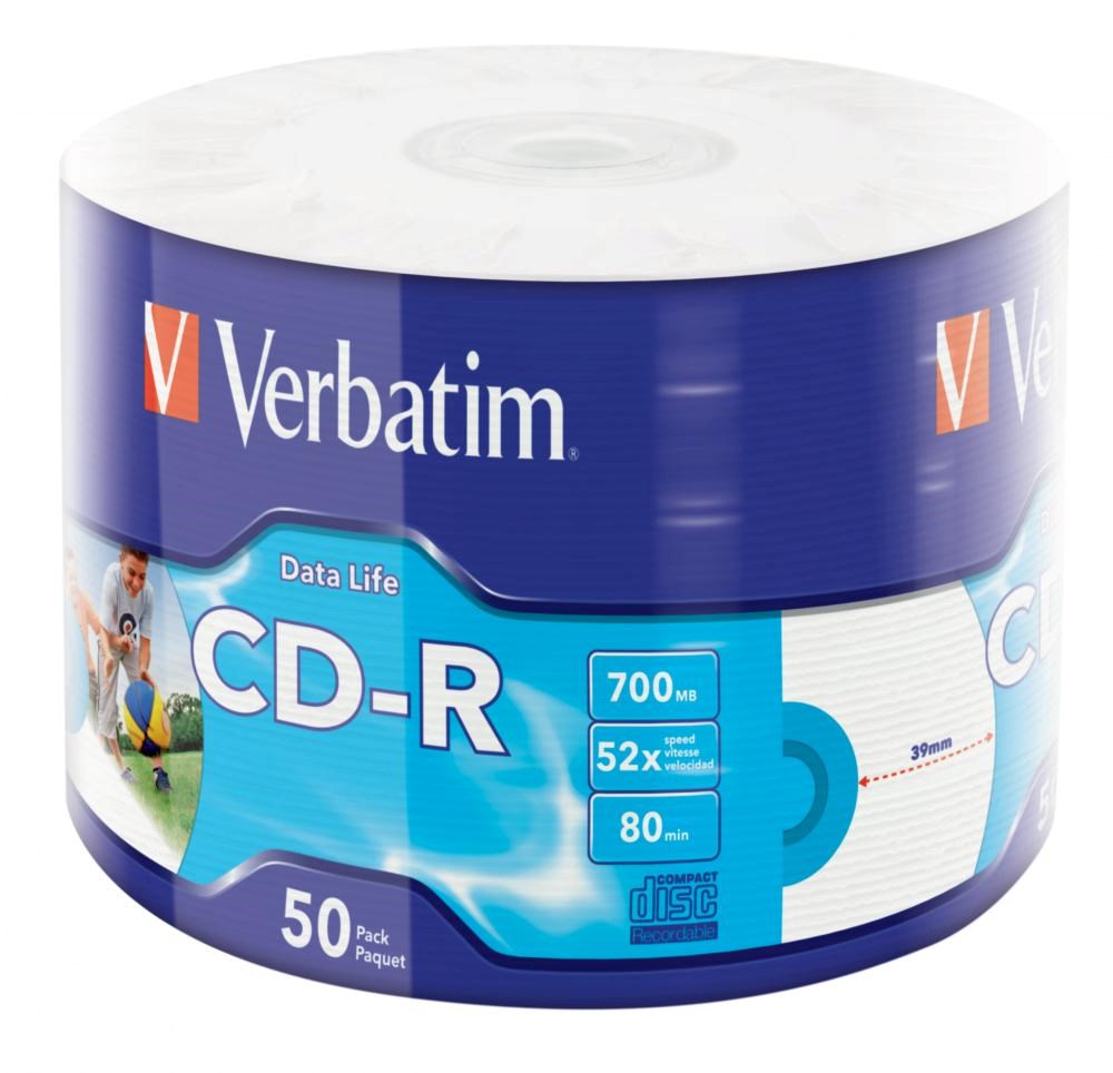 VERBATIM CD-R (50-pack)Spindle/ Extra Protection Datalife Inkjet Printable Wrap / 52x/ 700MB WRAP2 
