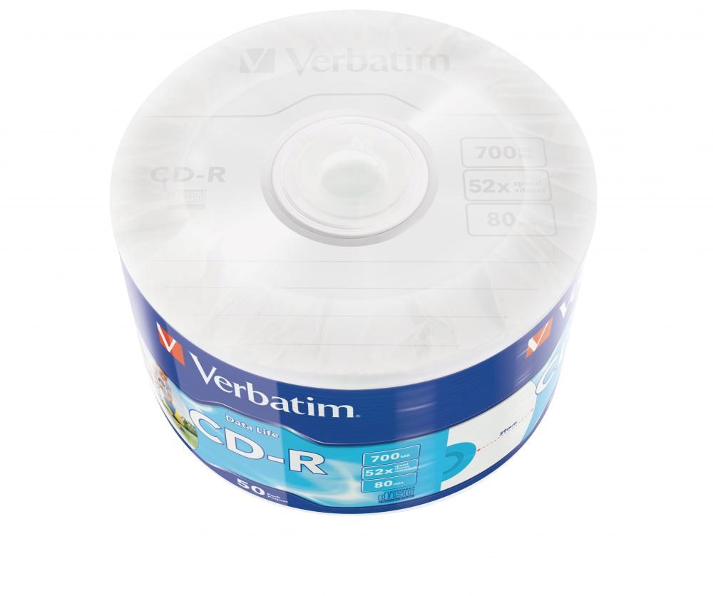 VERBATIM CD-R (50-pack)Spindle/ Extra Protection Datalife Inkjet Printable Wrap / 52x/ 700MB WRAP3 
