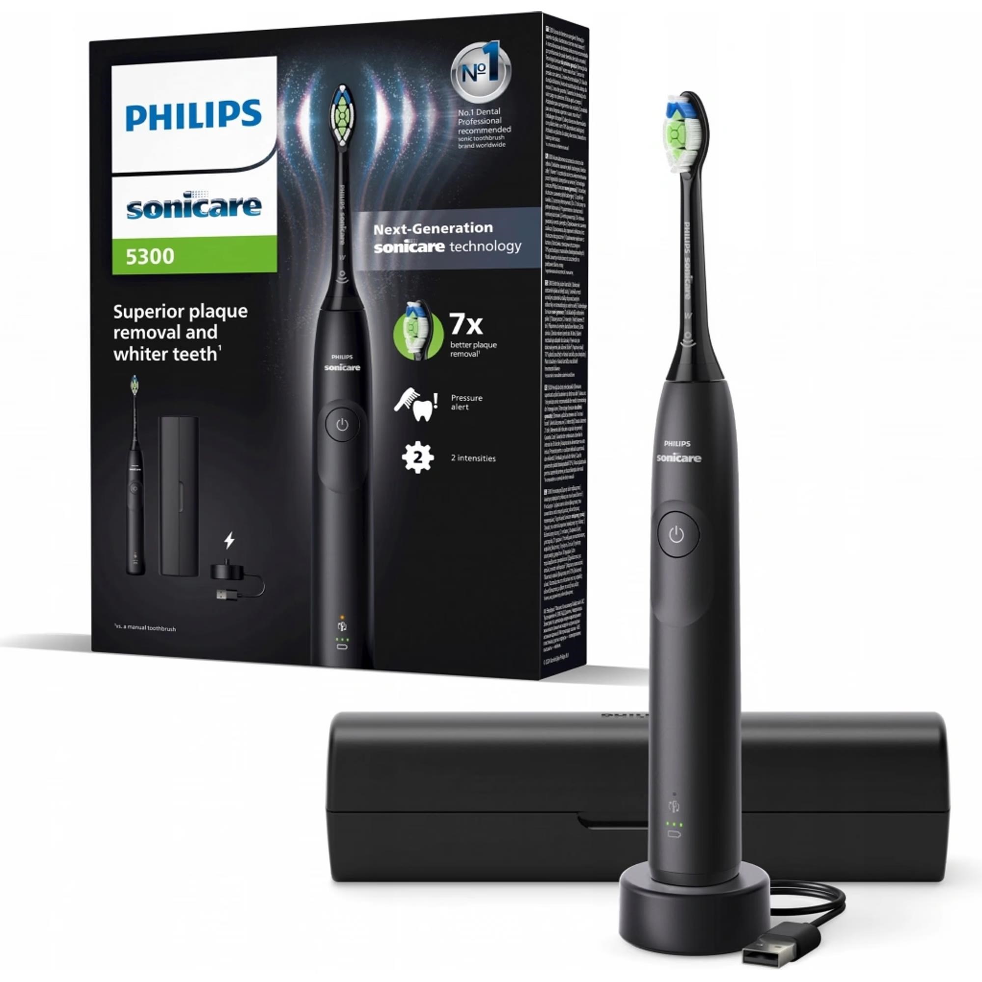 Philips Sonicare 5300 HX7101/ 02 sonický zubní kartáček černý,  tlakový senzor,  BrushSync,  cestovní pouzdro2 