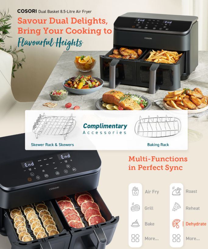 BAZAR - Cosori Dual Basket horkovzdušná fritéza 8.5l  + 5x špíz a rošt - Rozbaleno (Komplet)7 