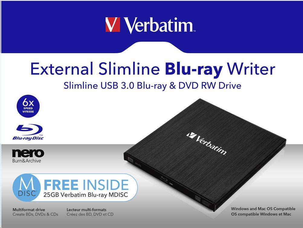 VERBATIM Slimline Blu-ray Rewriter USB 3.0 Bezplatný BR disk 25 GB (CD DVD BD Mdisc)1 