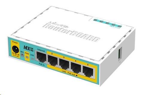MikroTik RouterBOARD hEX PoE Lite,  650MHz CPU,  64MB RAM,  5x LAN,  USB,  PoE,  1x USB,  vrátane. Licencia L40 