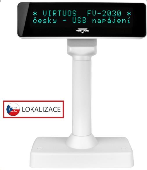 Virtuos VFD zákaznícky displej Virtuos FV-2030W 2x20 9mm,  USB,  biely0 
