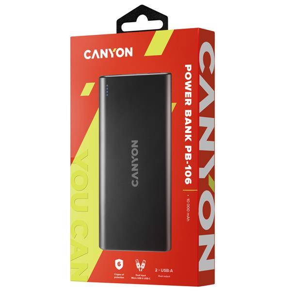 Canyon PB-106, Powerbank, Li-Pol, 10.000 mAh, Vstup: 1x Micro-USB, 1x USB-C, Výstup: 2x USB-A, čierna3