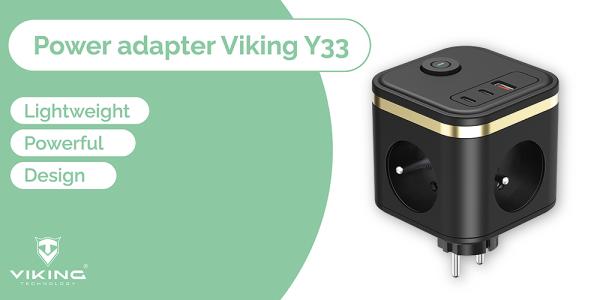 Sieťový adaptér VIKING Y33, čierna/ Output: 3xAC, 1xUSB-A, 2xUSB-C/ Tlačidlo ON/ OFF4