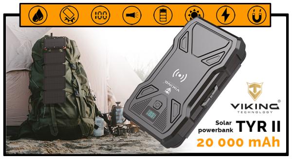 Solárna powerbanka VIKING TYR II/ Output: 1xUSB-C, 2xUSB-A/ Wireless charge 15W max/ 20000mAh/ LED svetlo2