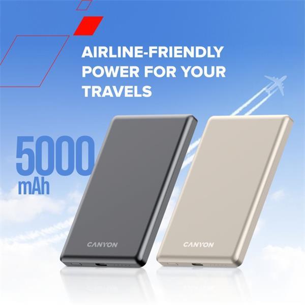 Canyon OnCharge 505, Powerbank, 5.000 mAh, in: USB-C, out: USB-C PD 20W + Wireless Magsafe 15W, ultratenká, béžová0