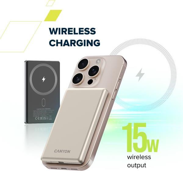 Canyon OnCharge 505, Powerbank, 5.000 mAh, in: USB-C, out: USB-C PD 20W + Wireless Magsafe 15W, ultratenká, béžová11