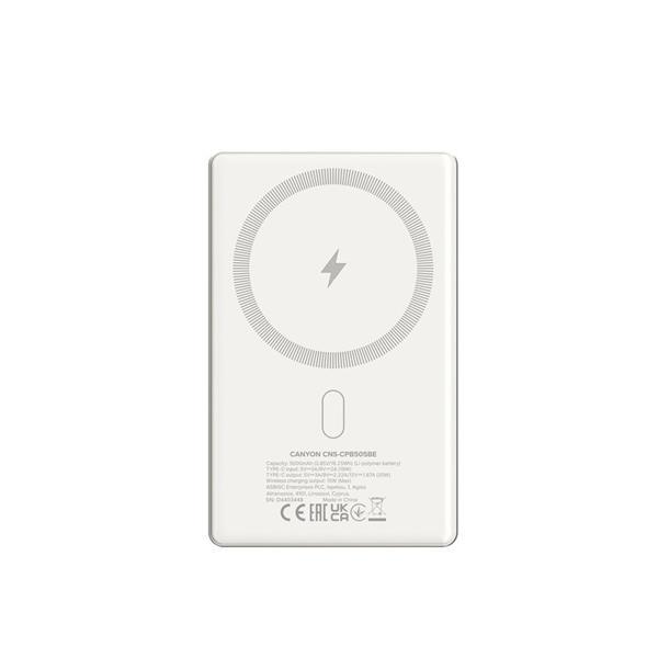 Canyon OnCharge 505, Powerbank, 5.000 mAh, in: USB-C, out: USB-C PD 20W + Wireless Magsafe 15W, ultratenká, béžová6