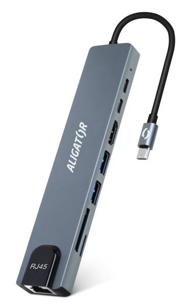 Aligator Dokovacia stanica USB-C/ Hub 8v1 (USB-C/ 2xUSB/ SD/ MicroSD/ HDTV/ RJ45)2