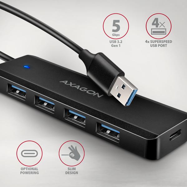 AXAGON HUE-C1A, 4x USB 5Gbps TRAVEL hub, USB-C napájací konektor, kábel USB-A 19cm3