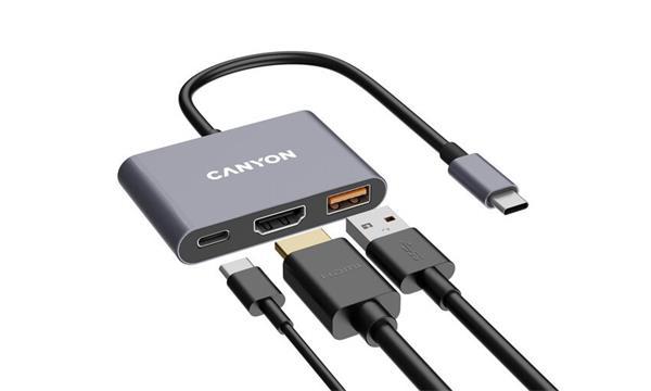 Canyon DS-4, USB-C HUB, 3 porty. 1xUSB-C, 1xUSB 3.2, 1xHDMI, 4K display support, 100W fast charging, 10Gbps12