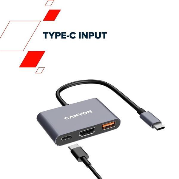 Canyon DS-4, USB-C HUB, 3 porty. 1xUSB-C, 1xUSB 3.2, 1xHDMI, 4K display support, 100W fast charging, 10Gbps6