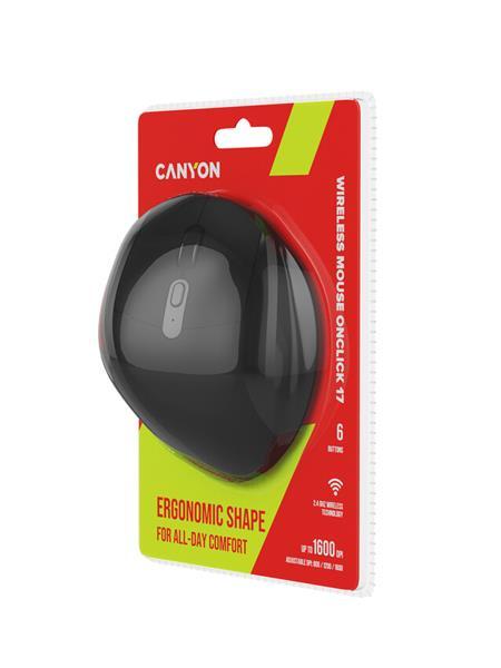 Canyon OnClick 17, ergonomická bezdrôtová optická myš pre pravákov, USB prijímač, 6 tlačidiel, 800/1200/1600 DPI, čierna24
