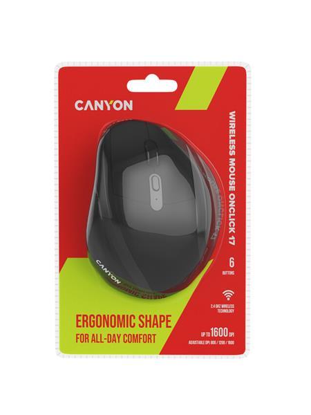 Canyon OnClick 17, ergonomická bezdrôtová optická myš pre pravákov, USB prijímač, 6 tlačidiel, 800/1200/1600 DPI, čierna25