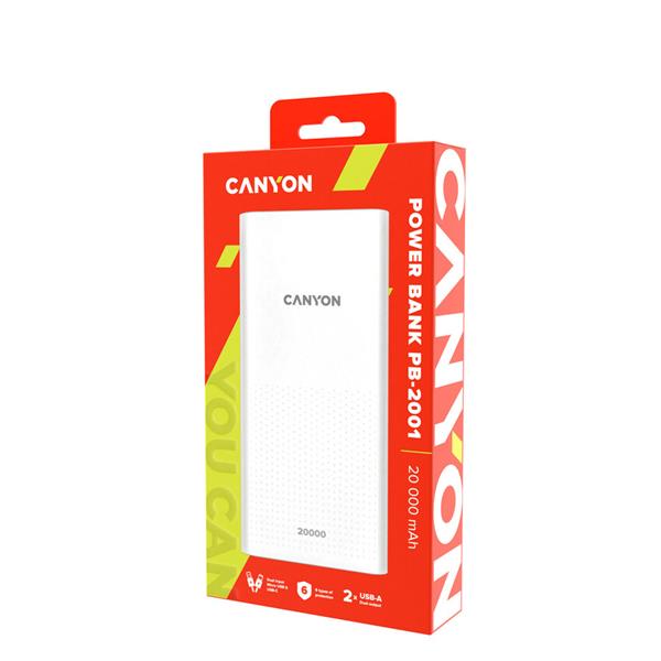 Canyon PB-2001, Powerbank, Li-Pol, 20.000 mAh, Vstup: 1x Micro-USB, 1x USB-C, Výstup: 2x USB-A, biela1 
