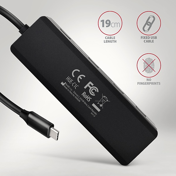 AXAGON HUE-C1C, 4x USB 5Gbps TRAVEL hub, USB-C napájací konektor, kábel USB-C 19cm3 