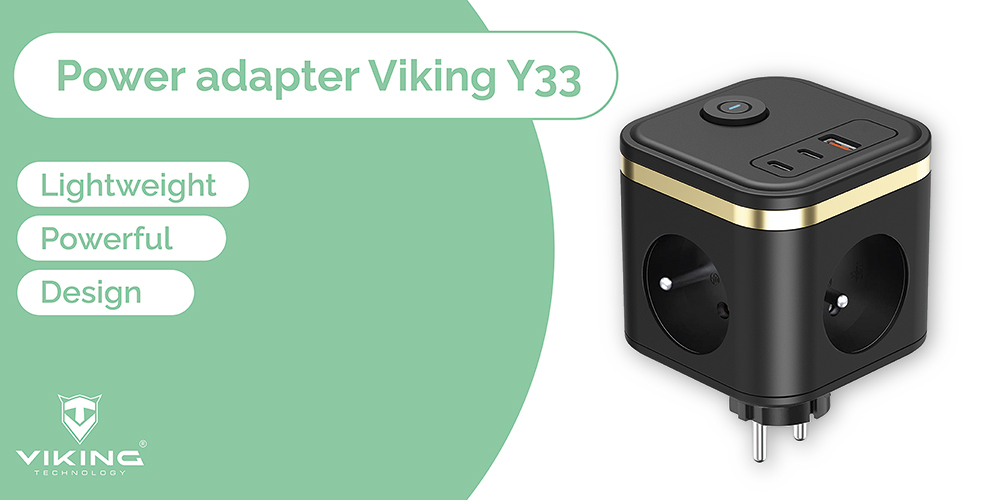 Sieťový adaptér VIKING Y33, biela/ Output:3xAC, 1xUSB-A, 2xUSB-C/ Tlačidlo ON/ OFF4 