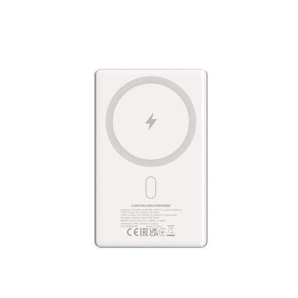 Canyon OnCharge 505, Powerbank, 5.000 mAh, in: USB-C, out: USB-C PD 20W + Wireless Magsafe 15W, ultratenká, béžová6 