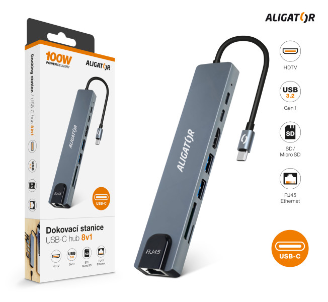 Aligator Dokovacia stanica USB-C/ Hub 8v1 (USB-C/ 2xUSB/ SD/ MicroSD/ HDTV/ RJ45)0 