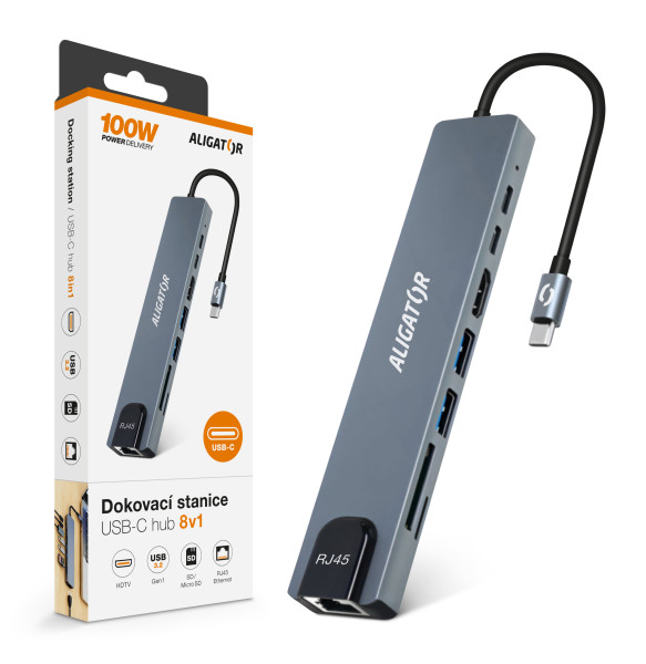 Aligator Dokovacia stanica USB-C/ Hub 8v1 (USB-C/ 2xUSB/ SD/ MicroSD/ HDTV/ RJ45)1 
