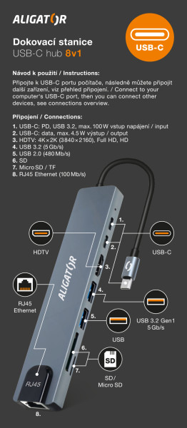 Aligator Dokovacia stanica USB-C/ Hub 8v1 (USB-C/ 2xUSB/ SD/ MicroSD/ HDTV/ RJ45)3 
