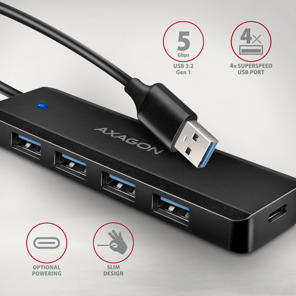 AXAGON HUE-C1A, 4x USB 5Gbps TRAVEL hub, USB-C napájací konektor, kábel USB-A 19cm3 