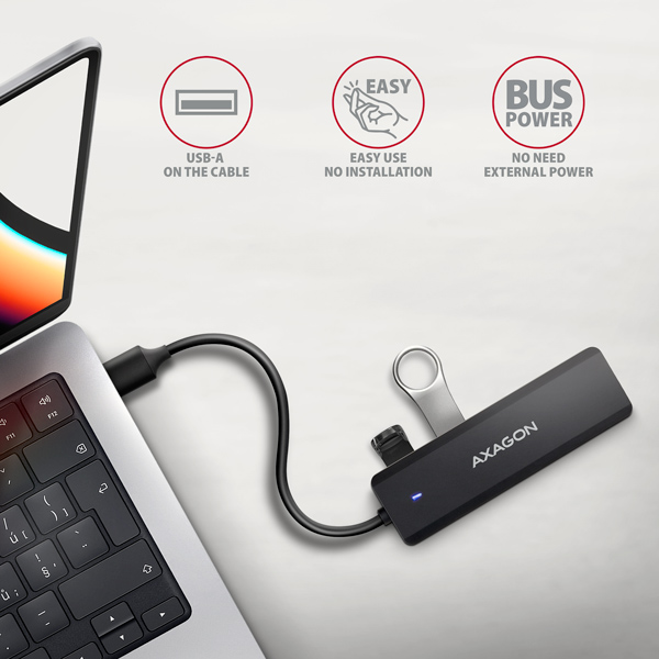 AXAGON HUE-C1A, 4x USB 5Gbps TRAVEL hub, USB-C napájací konektor, kábel USB-A 19cm4 