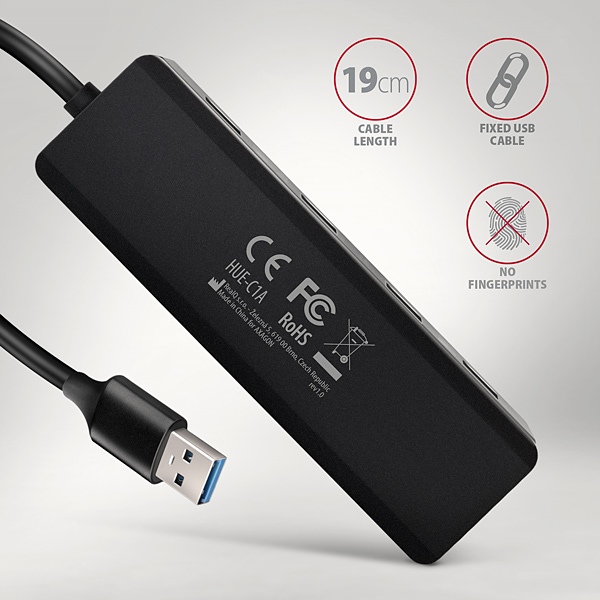 AXAGON HUE-C1A, 4x USB 5Gbps TRAVEL hub, USB-C napájací konektor, kábel USB-A 19cm6 