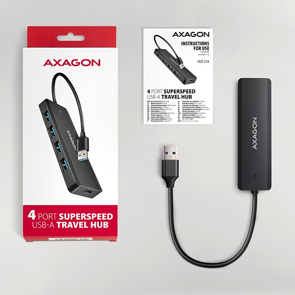 AXAGON HUE-C1A, 4x USB 5Gbps TRAVEL hub, USB-C napájací konektor, kábel USB-A 19cm0 
