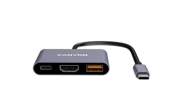 Canyon DS-4, USB-C HUB, 3 porty. 1xUSB-C, 1xUSB 3.2, 1xHDMI, 4K display support, 100W fast charging, 10Gbps0 