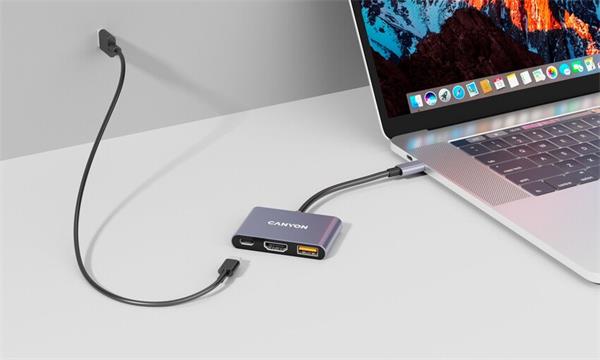 Canyon DS-4, USB-C HUB, 3 porty. 1xUSB-C, 1xUSB 3.2, 1xHDMI, 4K display support, 100W fast charging, 10Gbps14 