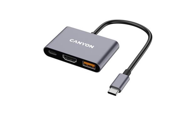 Canyon DS-4, USB-C HUB, 3 porty. 1xUSB-C, 1xUSB 3.2, 1xHDMI, 4K display support, 100W fast charging, 10Gbps2 