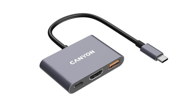 Canyon DS-4, USB-C HUB, 3 porty. 1xUSB-C, 1xUSB 3.2, 1xHDMI, 4K display support, 100W fast charging, 10Gbps3 