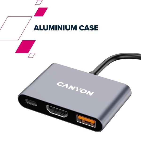 Canyon DS-4, USB-C HUB, 3 porty. 1xUSB-C, 1xUSB 3.2, 1xHDMI, 4K display support, 100W fast charging, 10Gbps4 