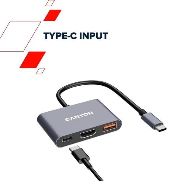 Canyon DS-4, USB-C HUB, 3 porty. 1xUSB-C, 1xUSB 3.2, 1xHDMI, 4K display support, 100W fast charging, 10Gbps6 